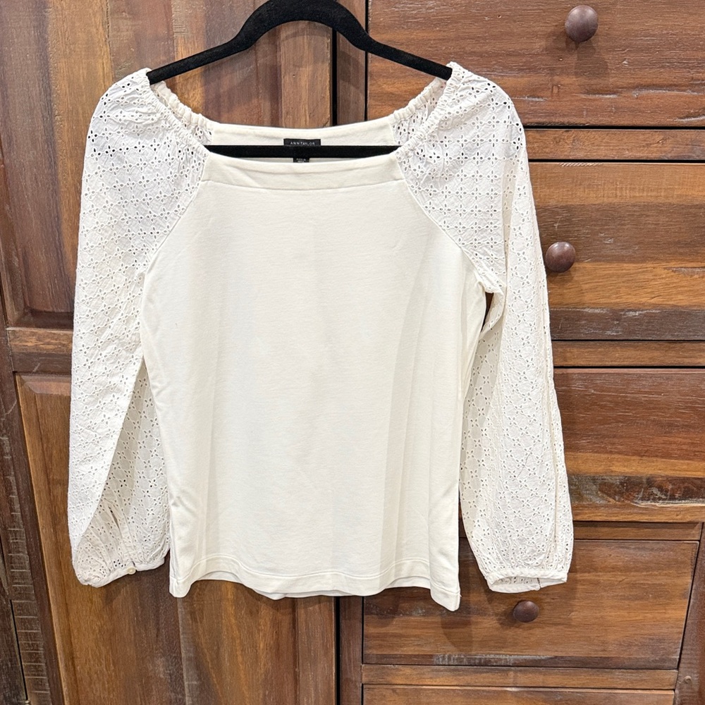 Ann Taylor Cream Blouse with Eyelet Sleeves